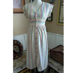LOFT Petites Colorful Vertical Striped Plisse Cotton Short Sleeve Button Midi